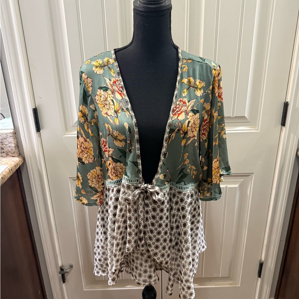 Floral Kimono Cardigan with Tie Front